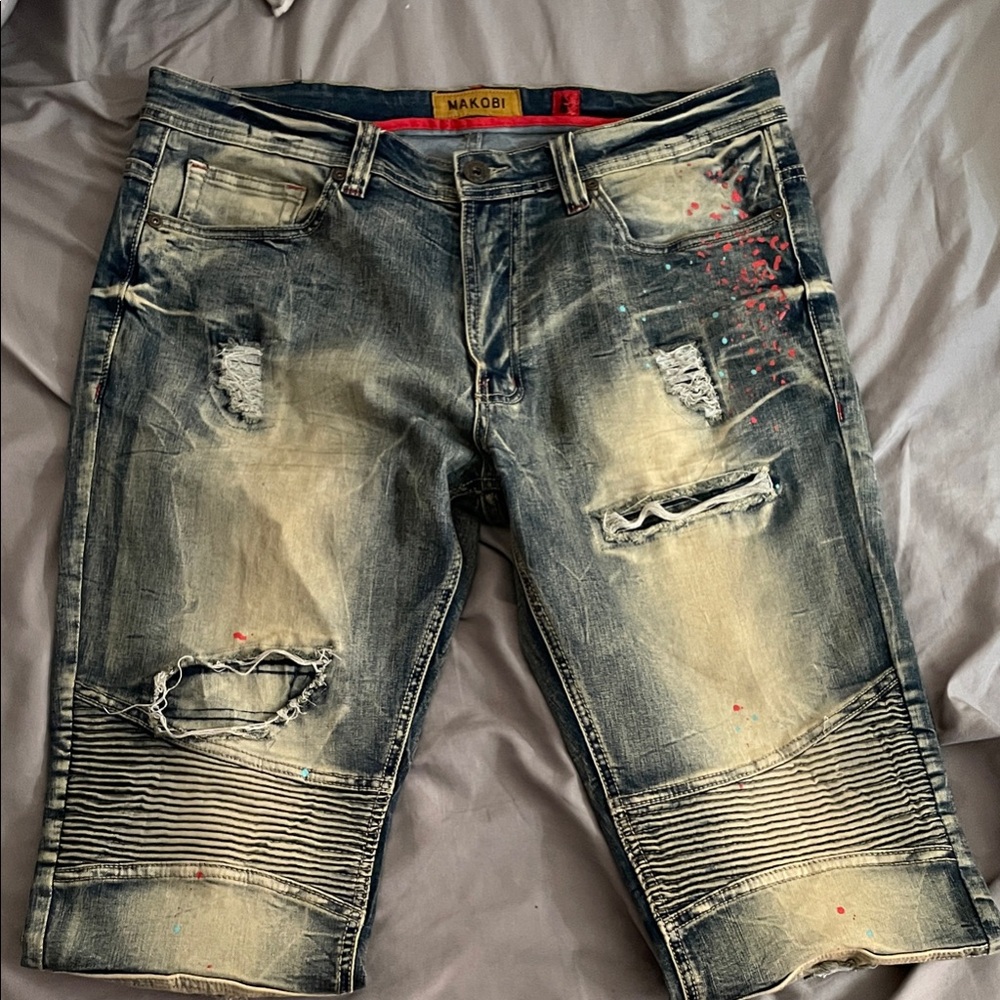 Makobi Men's Blue Distressed Relaxed Jeans Shorts